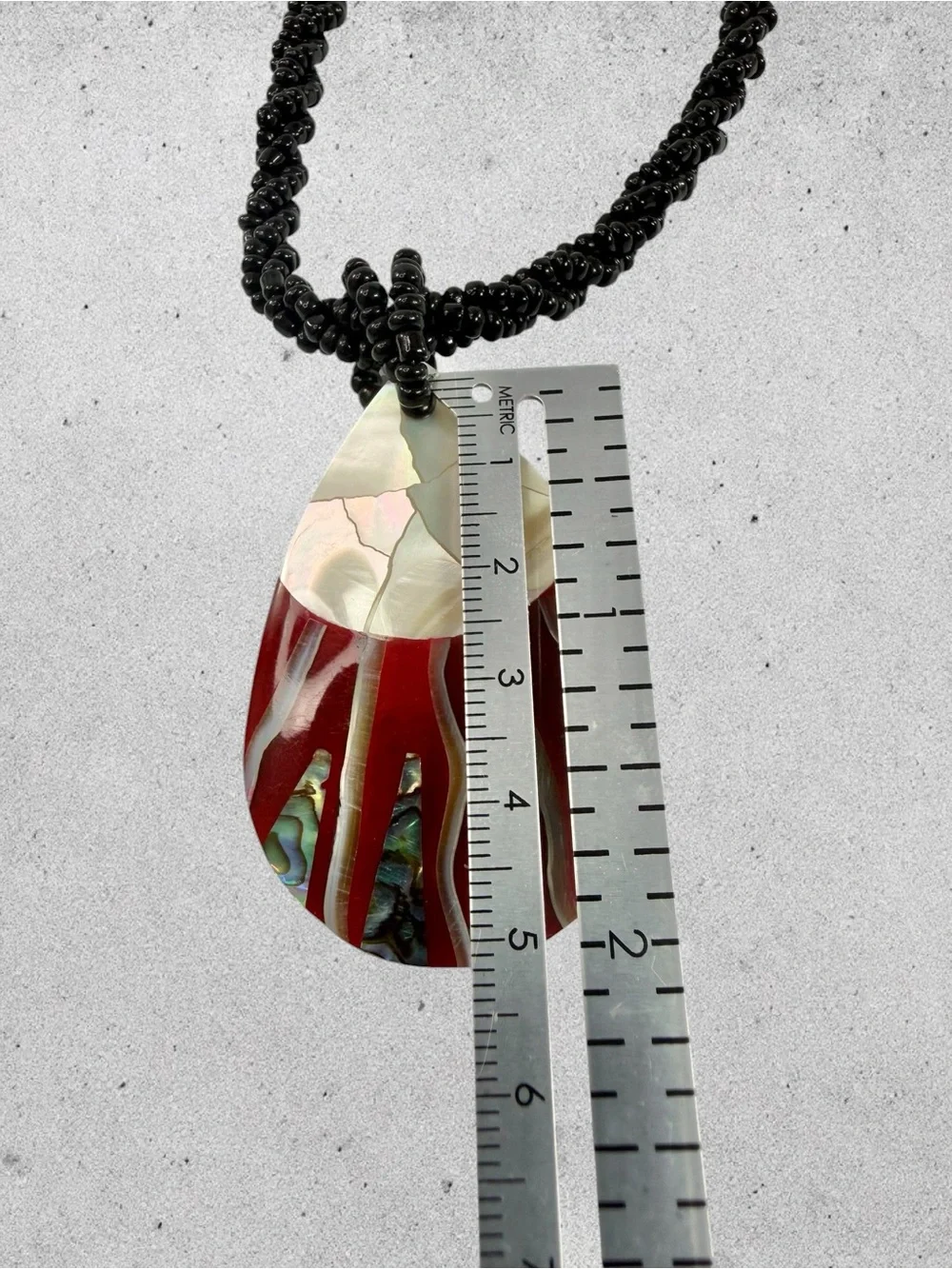 Boho Mother Of Pearl Abalone Teardrop Necklace Coconut Shell Black Seed Bead 16”